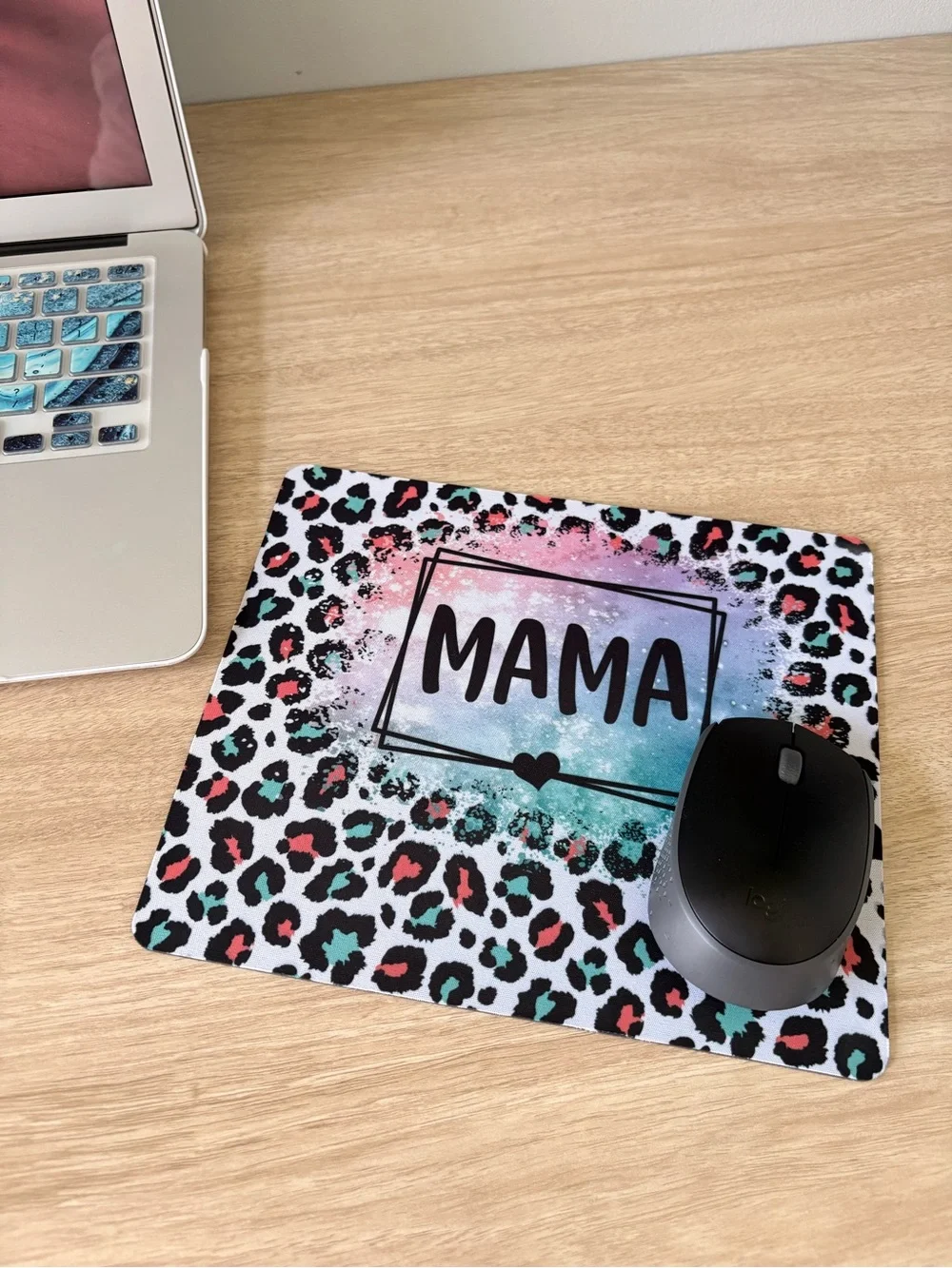 Mama Leopard Print Mouse Pad with Pastel Galaxy Center